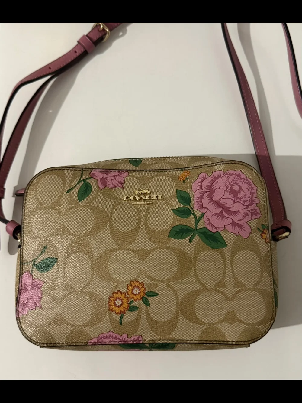 Coach Signature Floral Crossbody in Tan and Pink